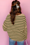 Brown Stripe Casual Round Neck Drop Shoulder Sweater