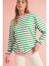 Bright Green Striped Contrast Trim Long Sleeve Top