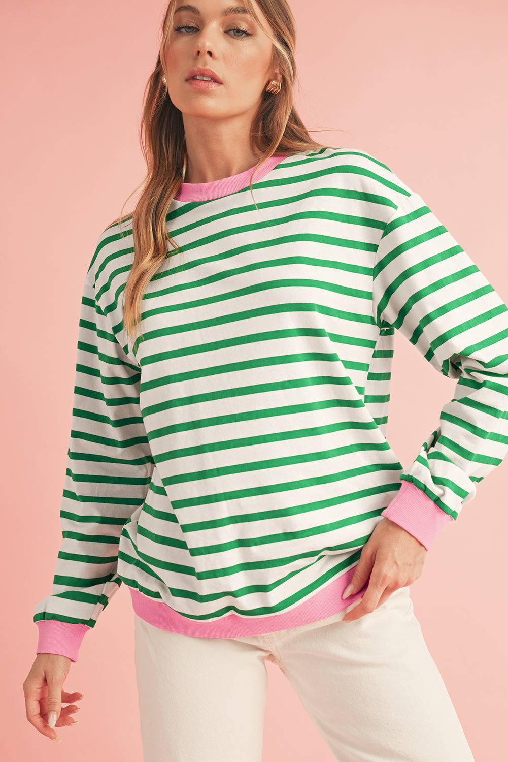 Bright Green Striped Contrast Trim Long Sleeve Top