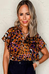 Orange Leopard Printed Short Sleeve Slit V Neck Blouse