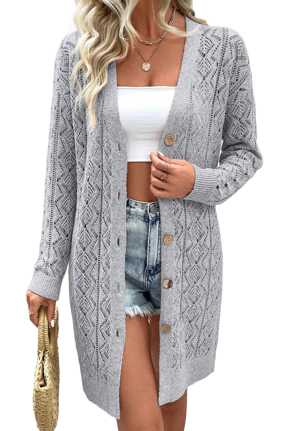 Parchment Hollow Out Button Front Long Cardigan