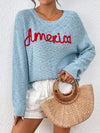 Letter Round Neck Long Sleeve Sweater - Cocoa Yacht Club