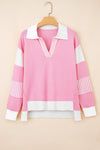Pink Striped V Neck Collared Colorblock Patchwork Sweater