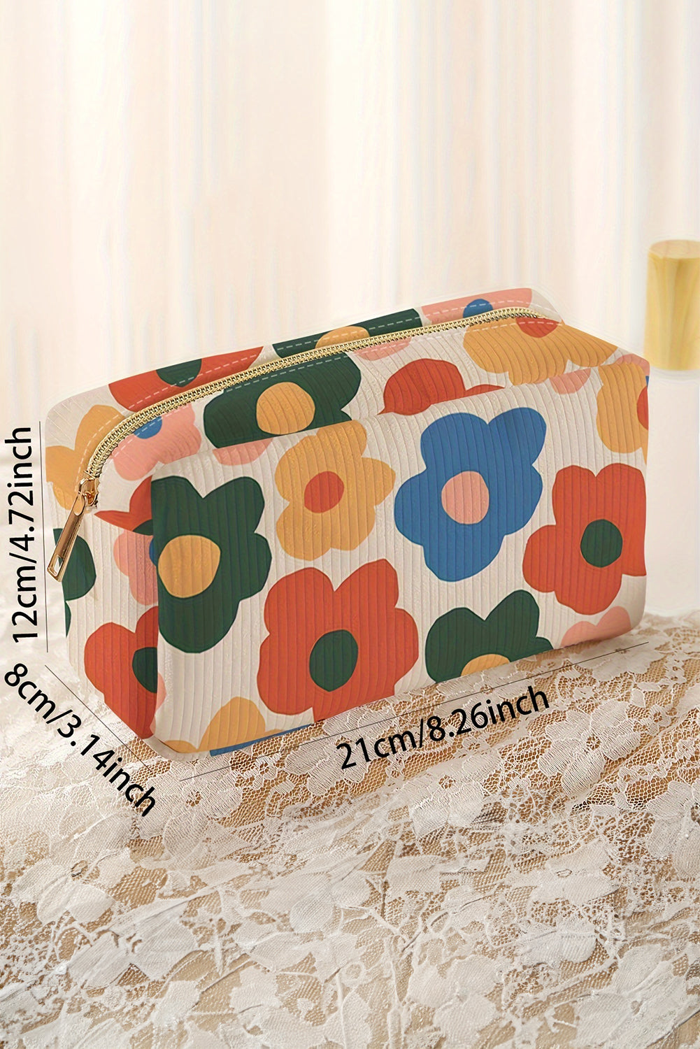 White Cute Flower Print Zipper Square Corduroy Cosmetic Bag