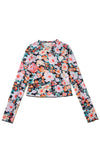 Orange Allover Floral Print Long Sleeve Round Neck Slim Mesh Top