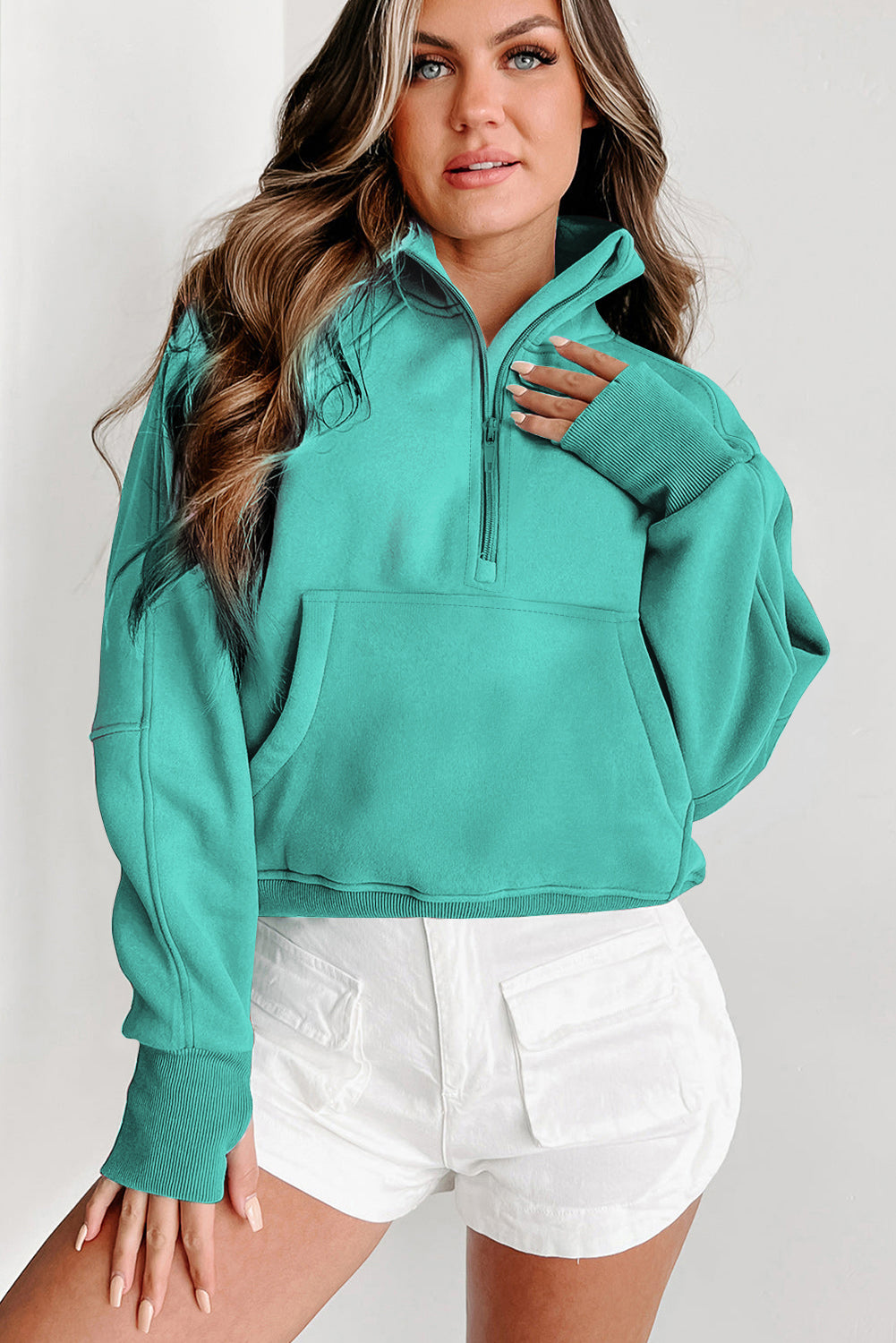 Parchment Quarter Zip Stand Neck Kangaroo Pocket Sweatshirt