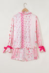 Pink Mixed Floral Print Contrast Piping Trim Satin Tie Pajama Set