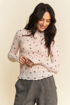 Davi & Dani Ribbon Bow Lace Hem Long Sleeve Mesh Layering Top