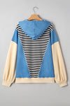 Black Stripe Denim Color Block Quarter Zip Baggy Drawstring Hoodie
