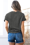 Dark Blue Corded Knit Color Block Pocketed Crew Neck T Shirt