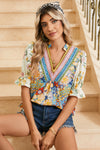 Multicolour Half Sleeve Boho Floral Pop of Color Neckline Blouse