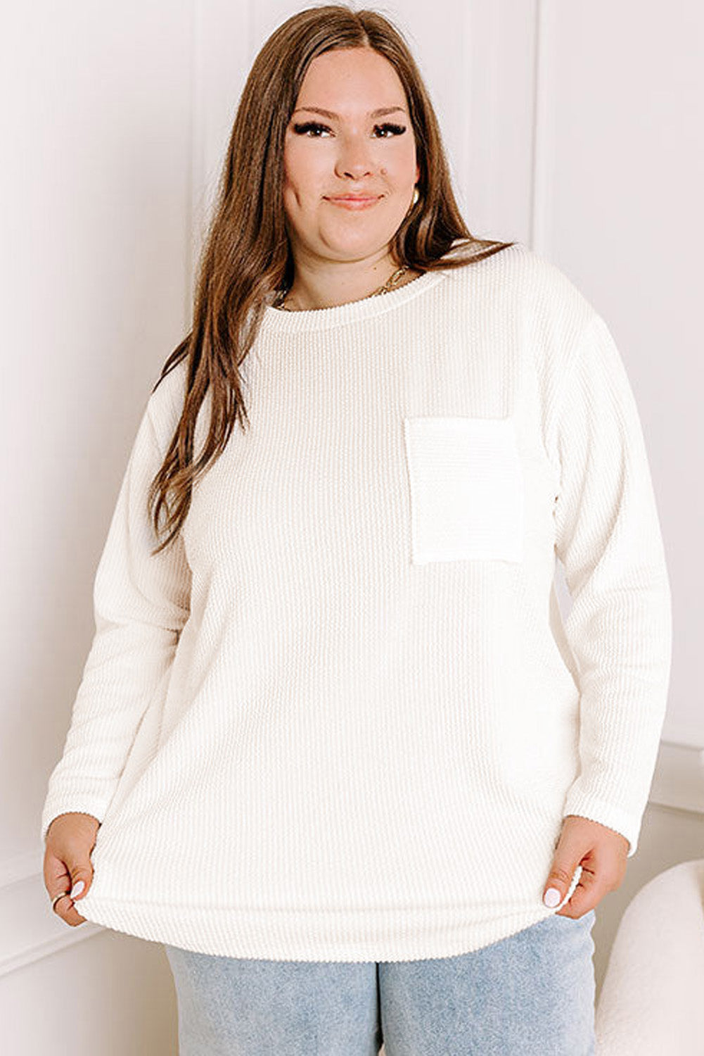 Myosotis Plus Size Ribbed Textured Pocketed Long Sleeve Top