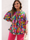 Rose Abstract Print Plus Size Frilly Trim Blouse