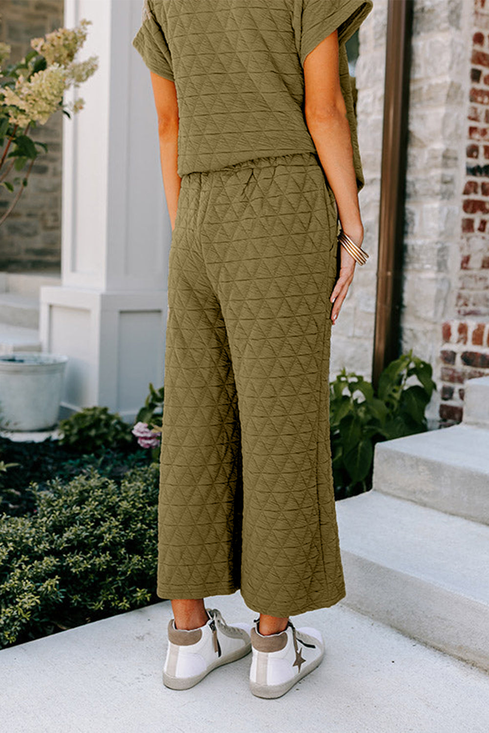 Blue Quilted Textured Short Sleeve Top and Wide Leg Pants Set