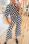 Black Checkered Print Half Sleeve Tunic Top and Flared Pants Set