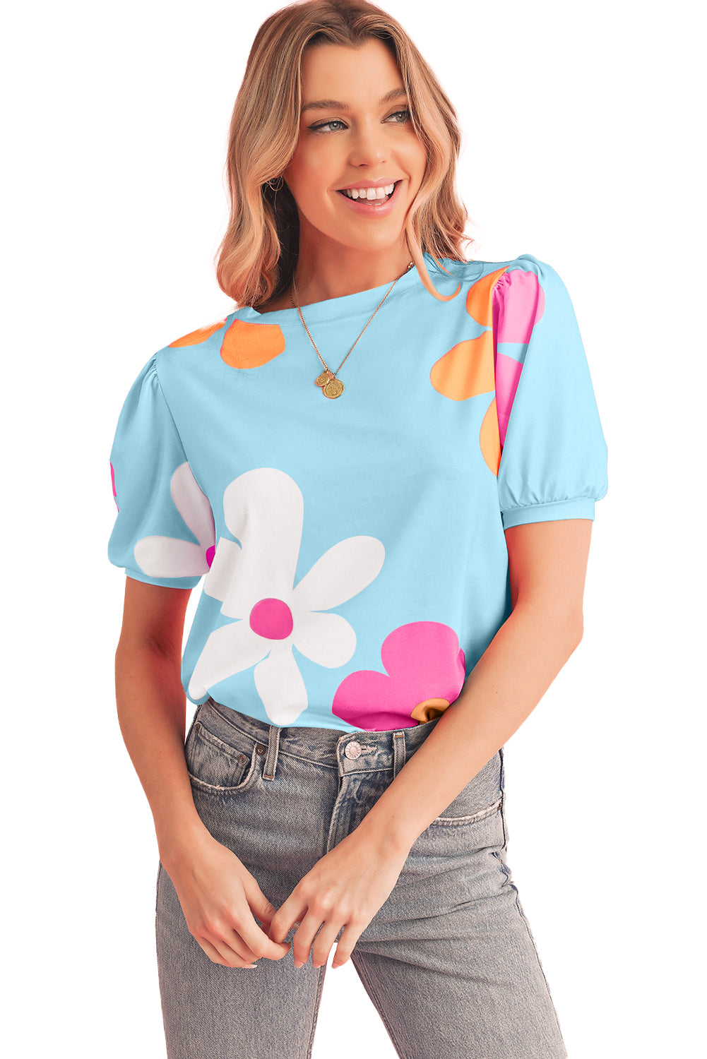 Sky Blue Colorful Flower Print Bubble Sleeve Tee