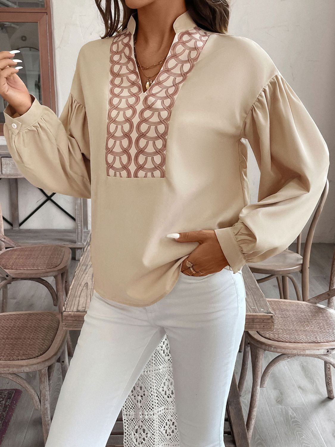 Perfee Printed Notched Long Sleeve Blouse