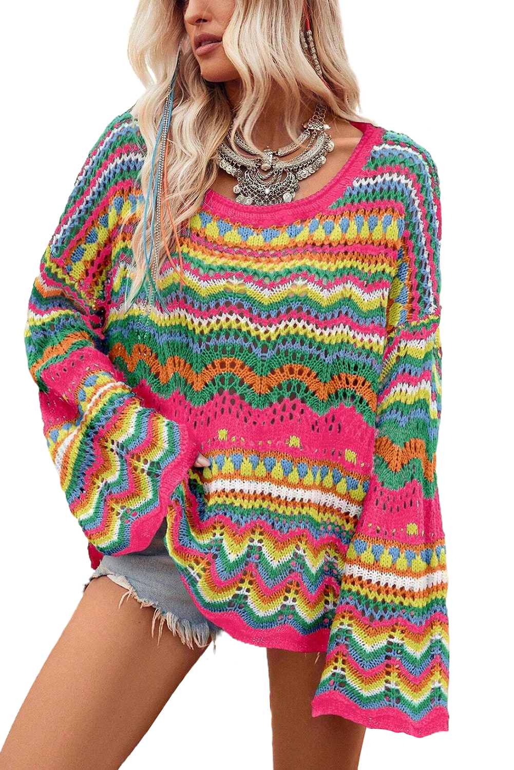 Rose Red Colorblock Striped Hollowed Knit Loose Sweater