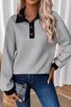 Light Grey Texture Patchwork Button Collared Sweatshirt