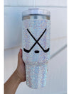 Silvery 40Oz Hockey Game Day Rhinestone Tumbler with Handle