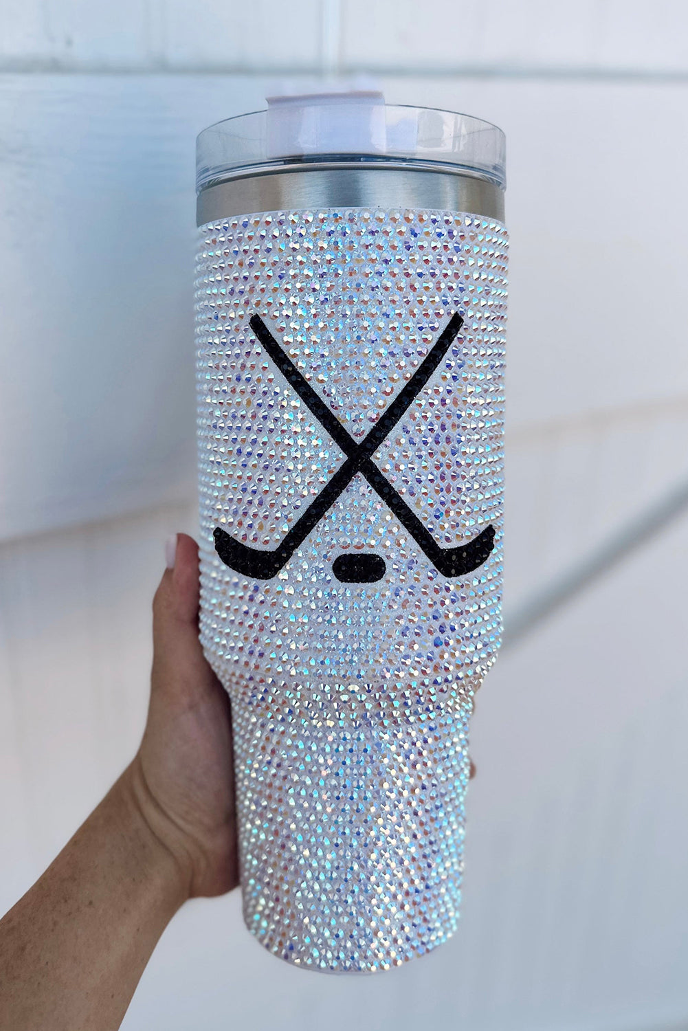 Silvery 40Oz Hockey Game Day Rhinestone Tumbler with Handle