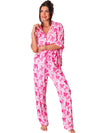 Pink Bow Knot Print Lapel Collar Short Sleeve and Pants Pajamas Set