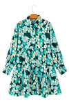 Blackish Green Flower Print Smocked Cuffs Tiered Mini Dress