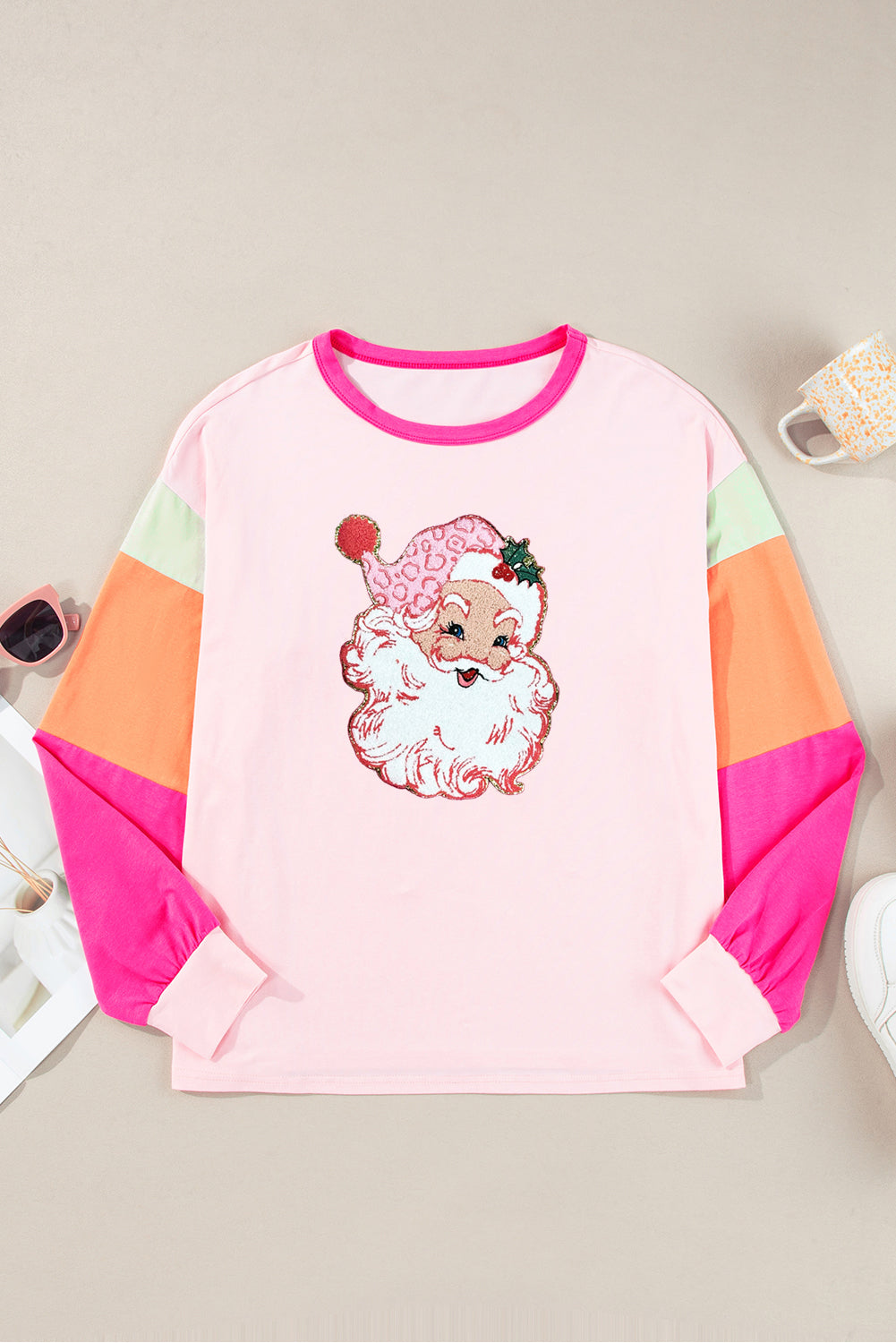 Pink Casual Colorblock Santa Claus Graphic Sweatshirt