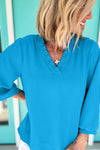Moonlight Jade Frill V Neckline Puff Sleeve Crinkled Blouse