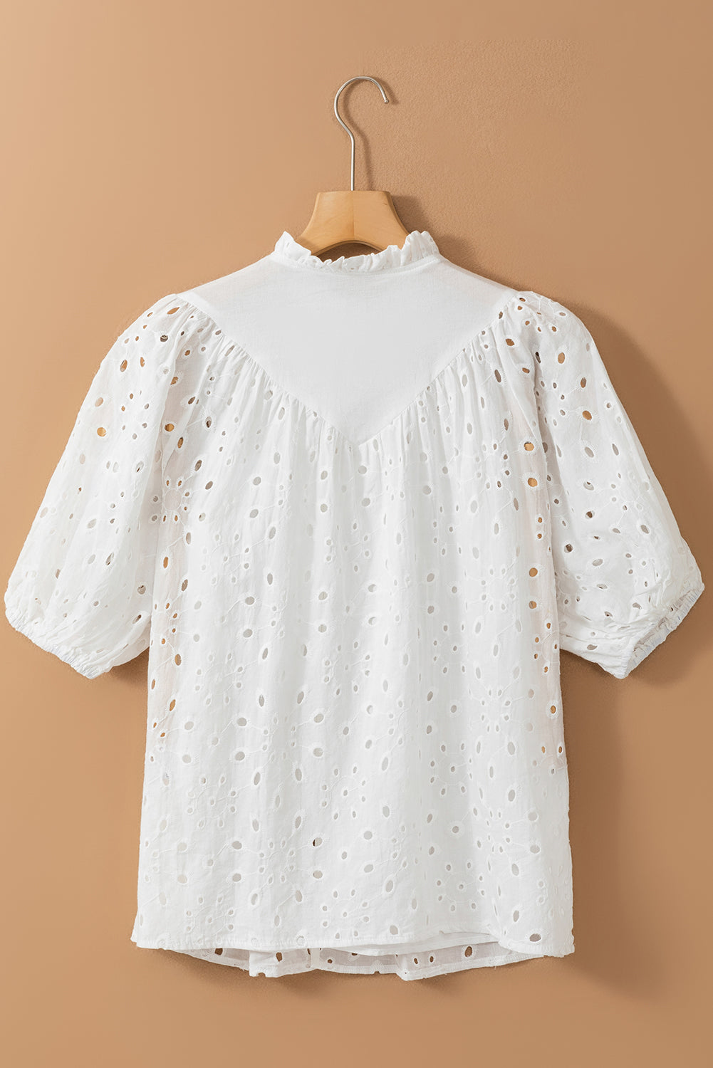 Bonbon Hollow-out Flower Embroidered Short Puff Sleeve Blouse