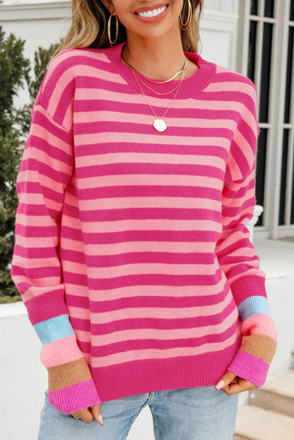 Rose Striped Round Neck Drop Shoulder Sweater