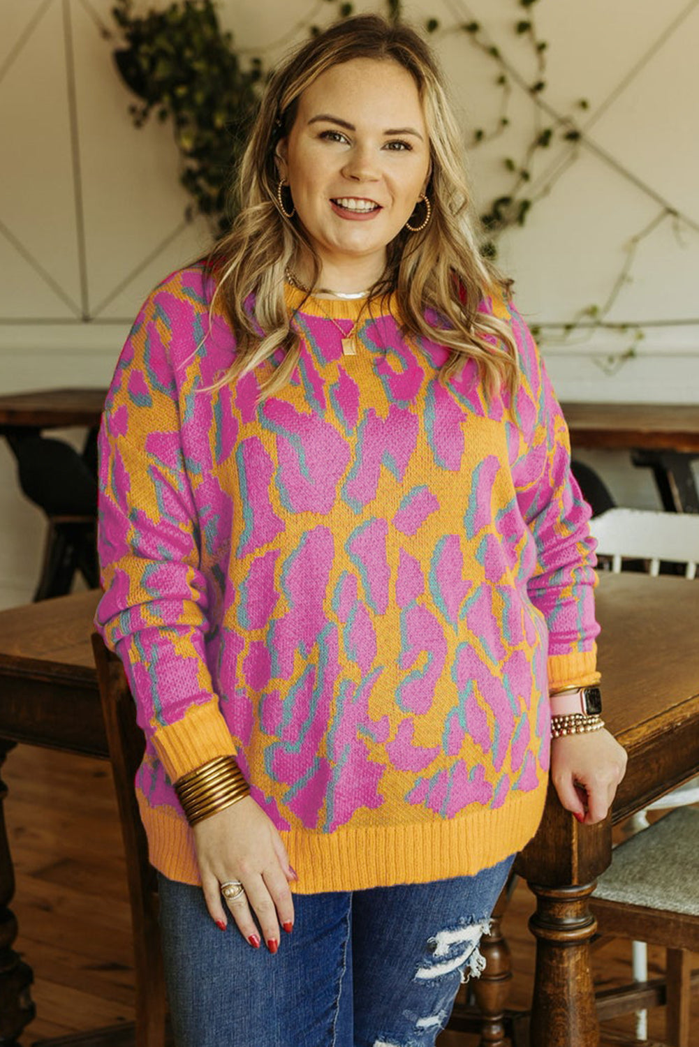 Bright Pink Plus Size Leopard Ribbed Trim Sweater