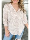 Apricot Leopard Tab Sleeve V Neck Plus Size Top