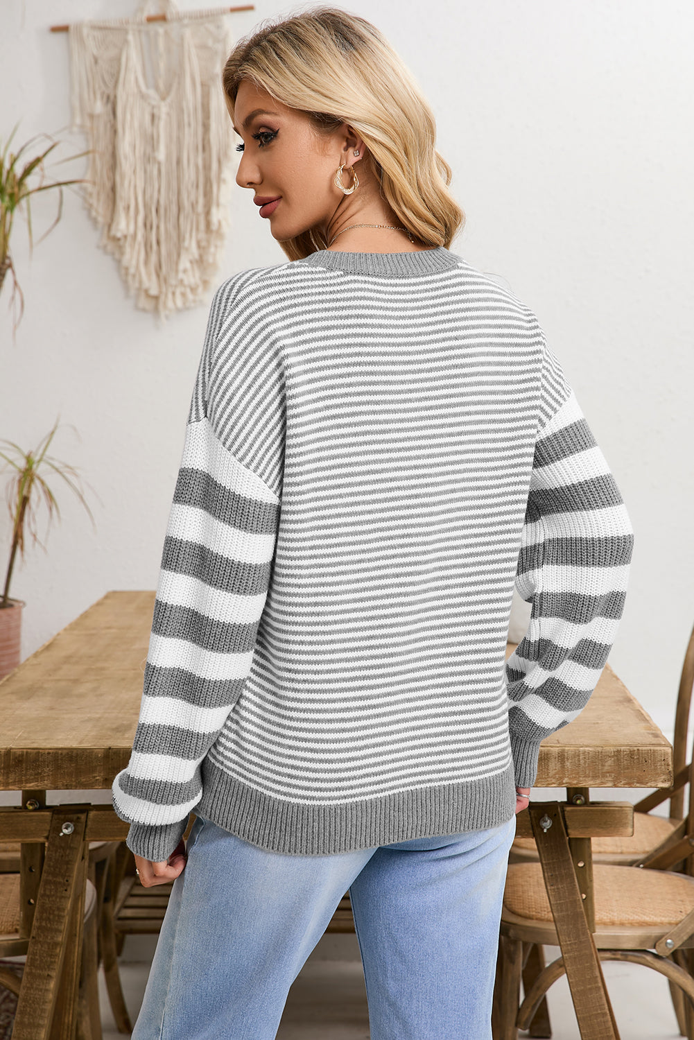 Red Stripe Twisted Knitted Drop Shoulder Sweater