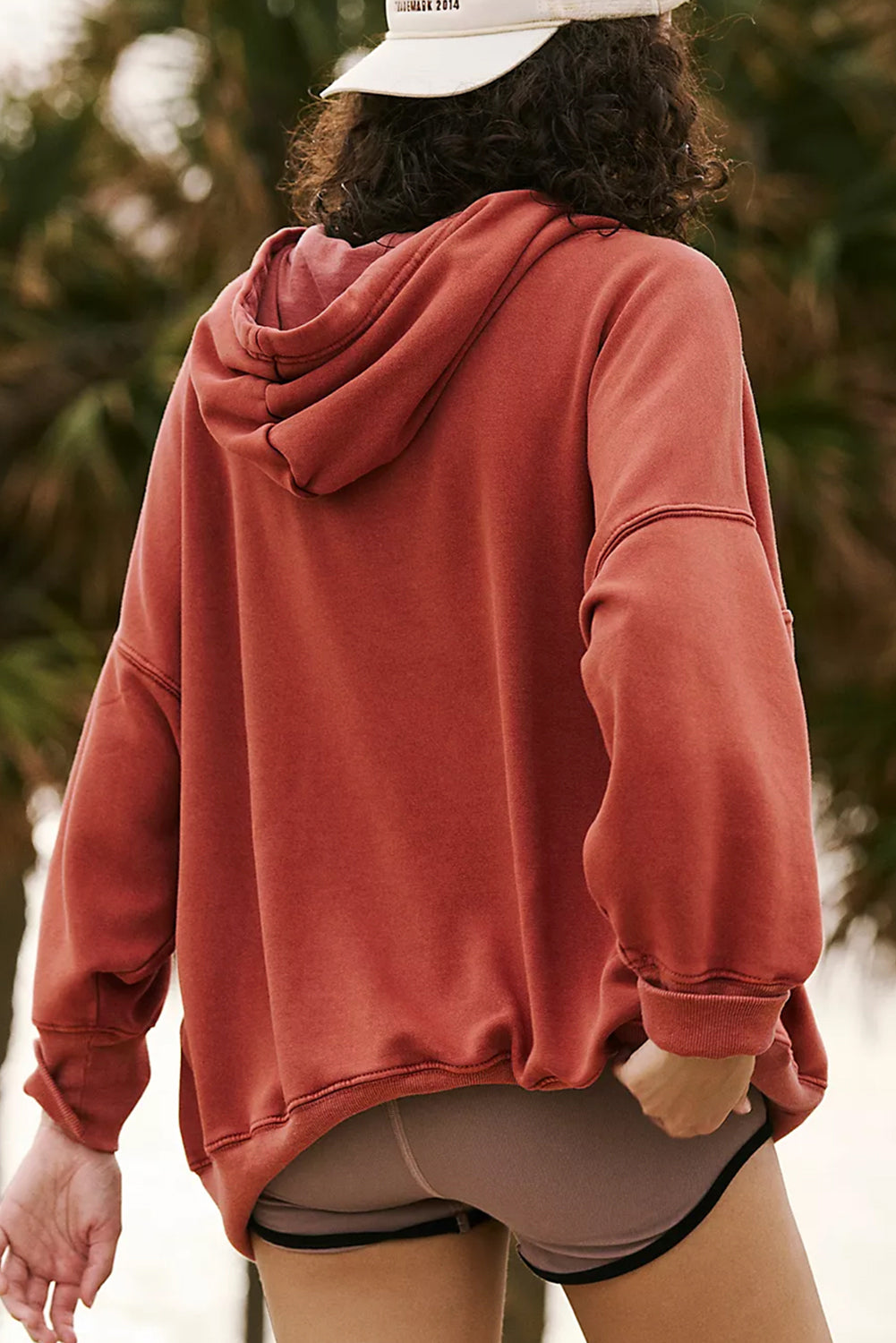 Red Clay Drop Shoulder Pocketed Baggy Drawstring Hoodie