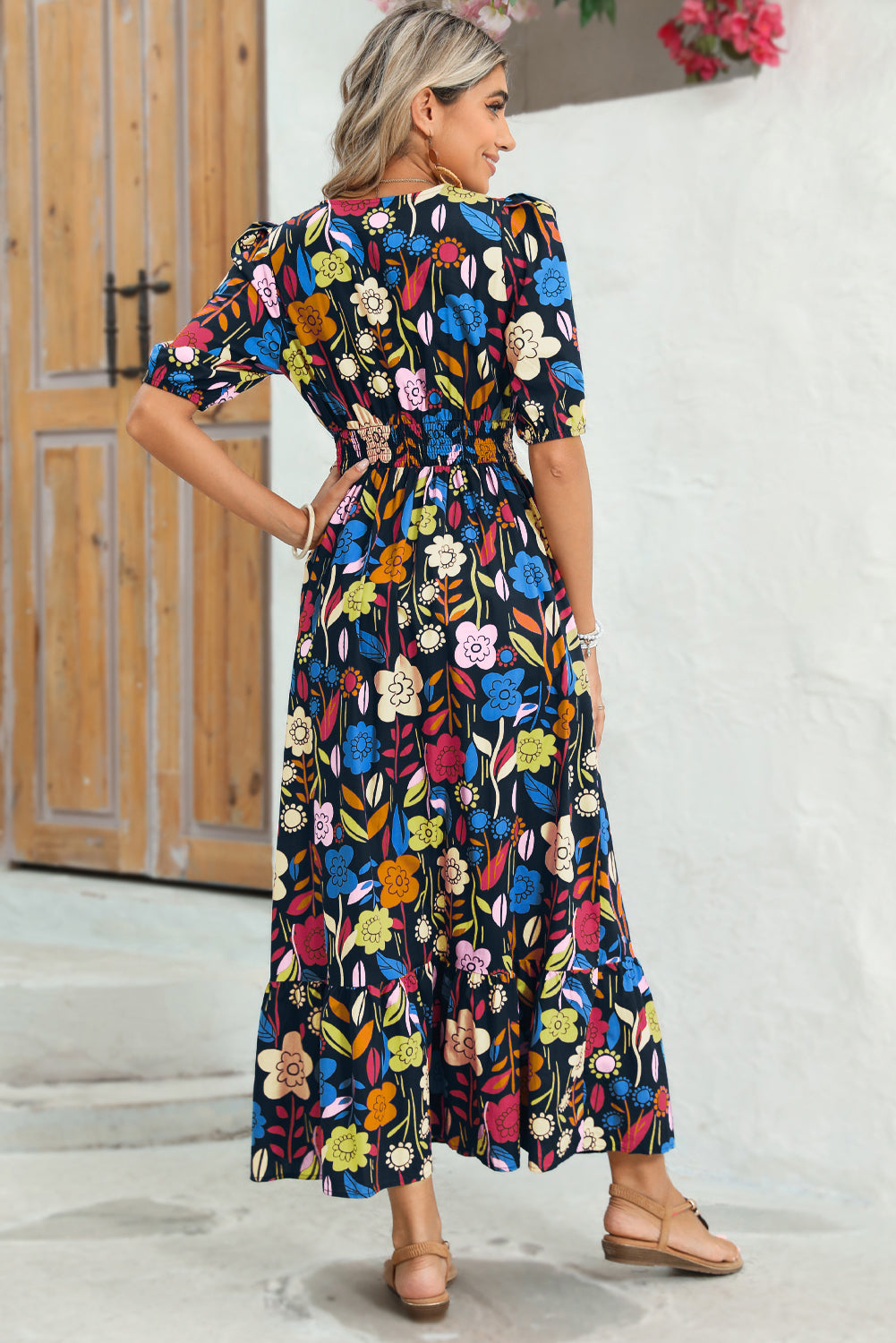 Green Floral Print Split V Neck Puff Sleeve Maxi Dress