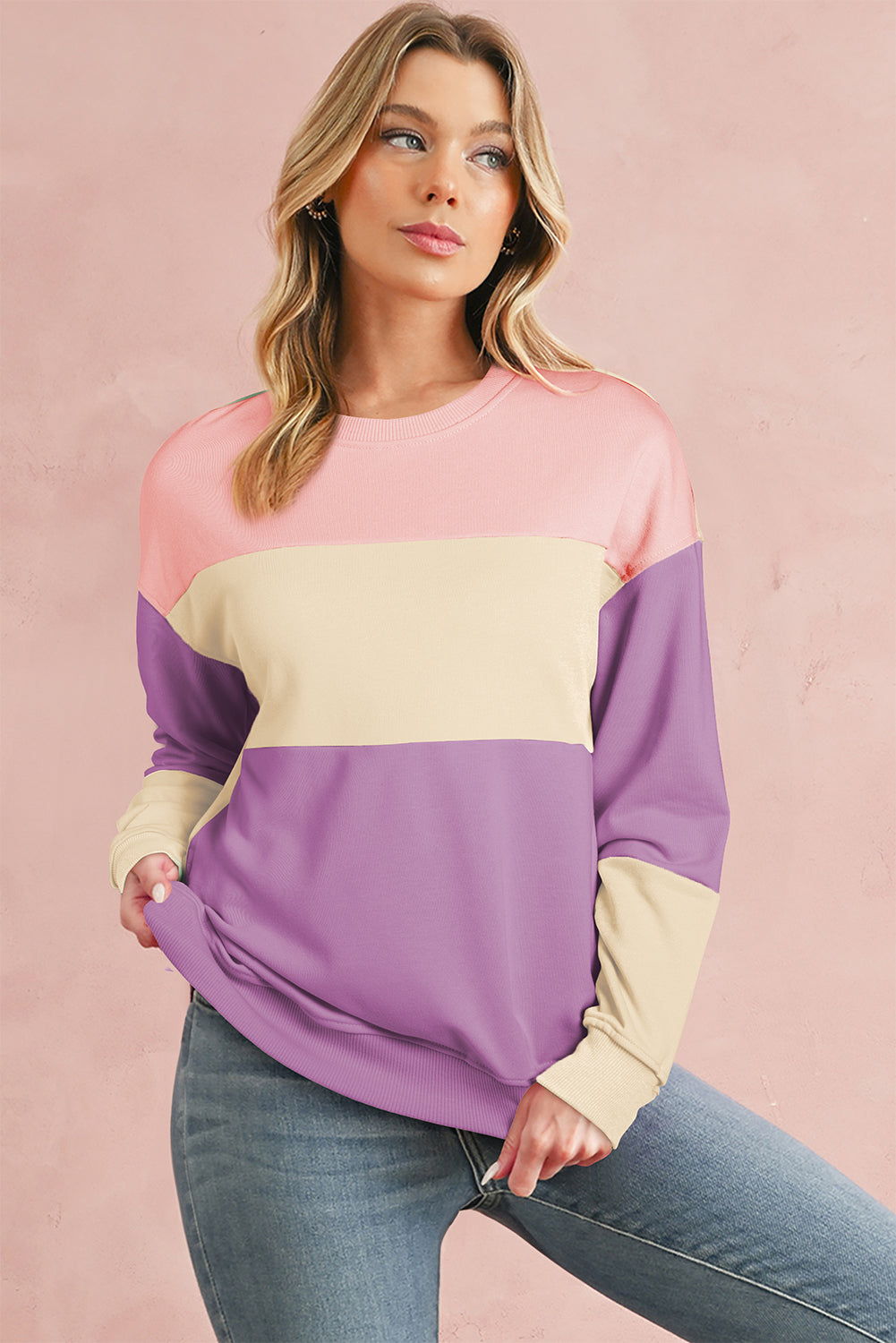 Sky Blue Colorblock Drop Shoulder Sweatshirt