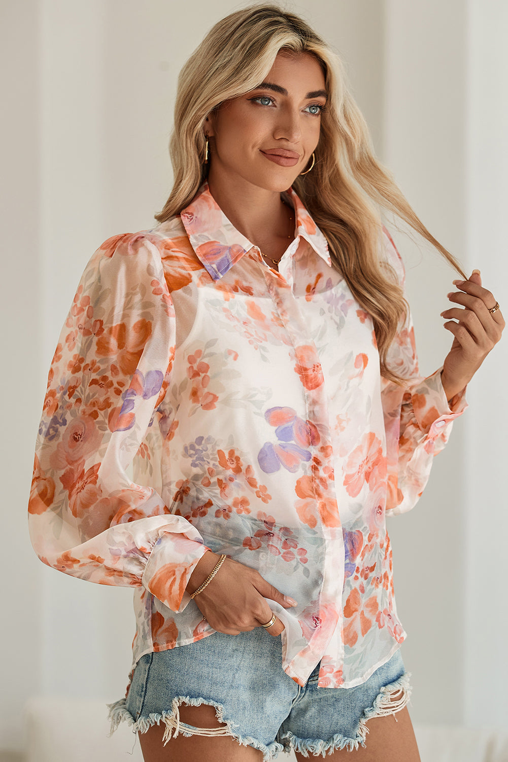 White Floral Print Buttoned Balloon Sleeve Loose Shirt