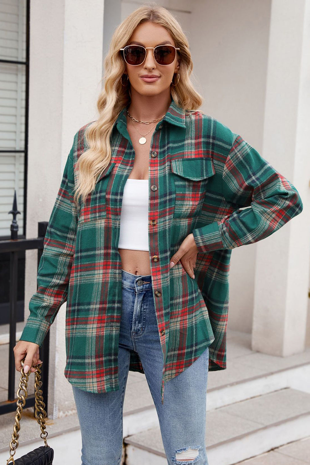 Green Plaid Chest Pocket Button Front Shirt