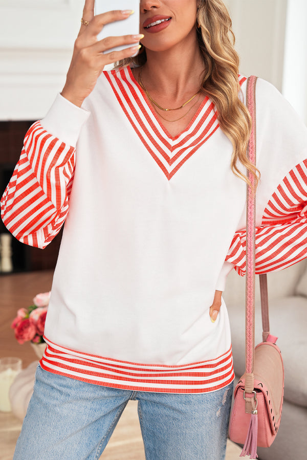 Orange Striped Patchwork Drop Sleeve Pullover Top