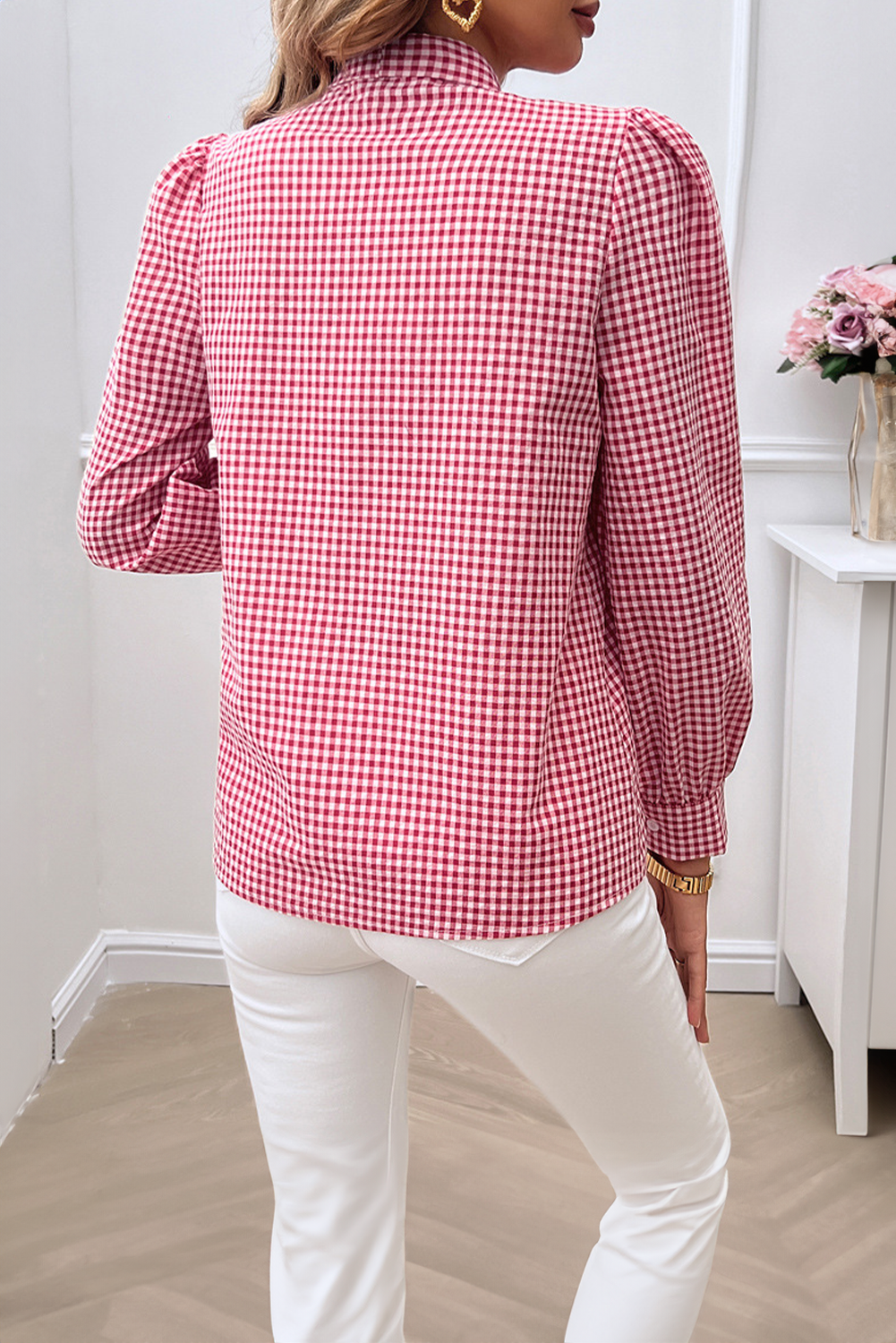 Red Gingham Bowknot Long Sleeve Shirt