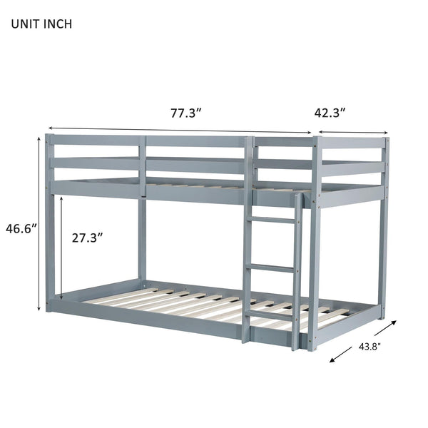 Solid Wooden , Solid Rubber Wooden Twin over Twin Floor Bunk Bed with Ladder ,Upper and Bottom Bed Platforms crafted with Strengthened Slats ,Grey
