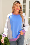 Blue Colorblock Patchwork Round Neck Pullover Sweatshirt