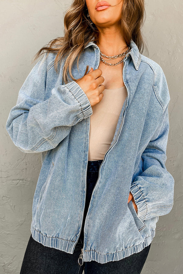 Myosotis Elastic Hem Collared Zip Up Denim Jacket
