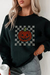 Black Rhinestone Jack-o-lantern Checkered Graphic Halloween Sweatshirt