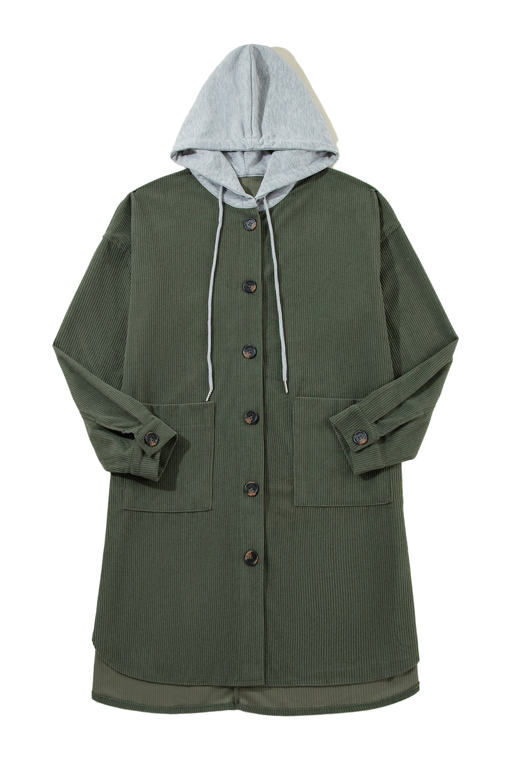 Jungle Green Oversized Hooded Patchwork Corduroy Shacket