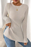 Jet Stream Striped Side Slit Round Neck Sheer Long Sleeve Top