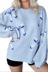Beau Blue Bow Jacquard Pullover Knitted Sweater
