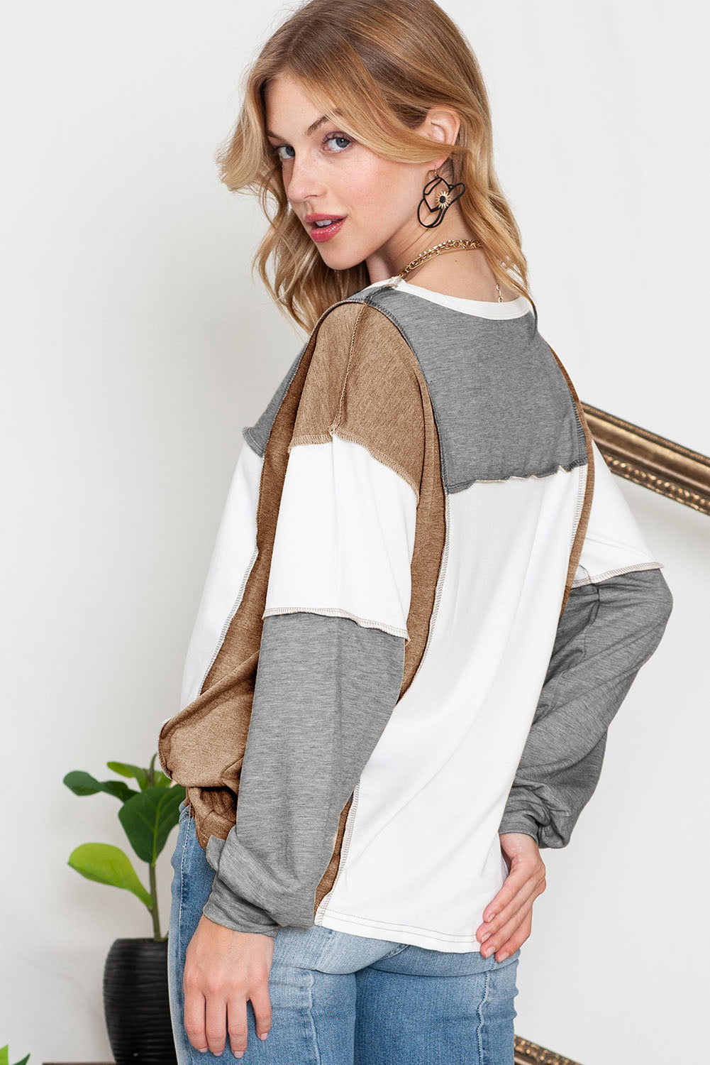 Khaki Color Block Exposed Seam Long Sleeve Top