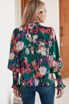 Green Abstract Print Frilled Neck Shirred Cuffs Blouse